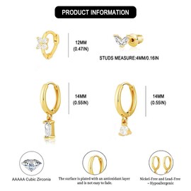 FFWTPY 4 Pairs of Stud Earrings Hoop Earrings Set Silver 925 Small Stud Earrings Zirconia Stackable Huggie Hoop Earrings Hypoallergenic Earrings Sleeping Cartilage Earrings Set for Women, Zinc