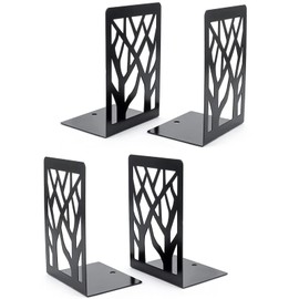 Lre Co. High Performance Metal Bookends, 2 Pairs Decorative Tree Design Book Stopper, Non-Slip Desk Book Holder Stand for Offices Schools Dividers Shelves Save Space (Black)