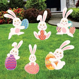 Happy Easter Yard Sign Cutout - Bunnies with Eggs Yard Decorations for Happy Easter Yard Signs Party Lawn Decorations With Metal Stakes, VP4657