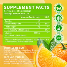 L-Lysine Gummies 500mg, Lysine Gummies Supplement for Immune Support & Skin Health, Collagen Formation Support, Vegan, Gluten Free Chewable Supplement for Adults & Kids, Orange Flavor, 60 Count