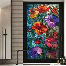WBQMUNY Stained Glass Window Film,Frosted Glass Window Film for Bathroom,Front Door,Home,Sun Blocking Heat Control,Static Cling 17.7"x39.5" (BH097)
