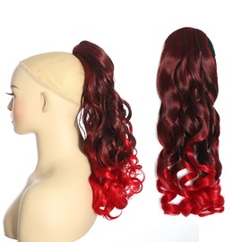 YUDAOHAIR 8 Inch Ponytail Extension Freedom Curl Clip In Curly Wavy Ponytail Extensions Drawstring Short Ponytail Hairpiece Ombre Black to Red Synthetic Hair Pieces for Women
