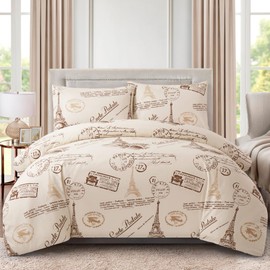 Marina Decoration Ultra Soft Silky Zipper Rich Printed Rayon from Bamboo All Season 3 Pieces Duvet Cover Set with 2 Pillowcases, Eiffel Tower Ivory Pattern King Size