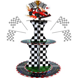 BEISHIDA 3 Tier Car Racing Cupcake Stand - Red, Black, White - Cardboard, 100% - Holds 24 Cupcakes - Ideal for Birthday, Entertaining Parties