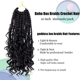 Goddess Box Braids Crochet Hair 10 Inch Bohemian Box Braids Crochet Hair with Curly Ends Boho 3X Synthetic Crochet Braiding Hair for Black Women (7 pack, 1b#)
