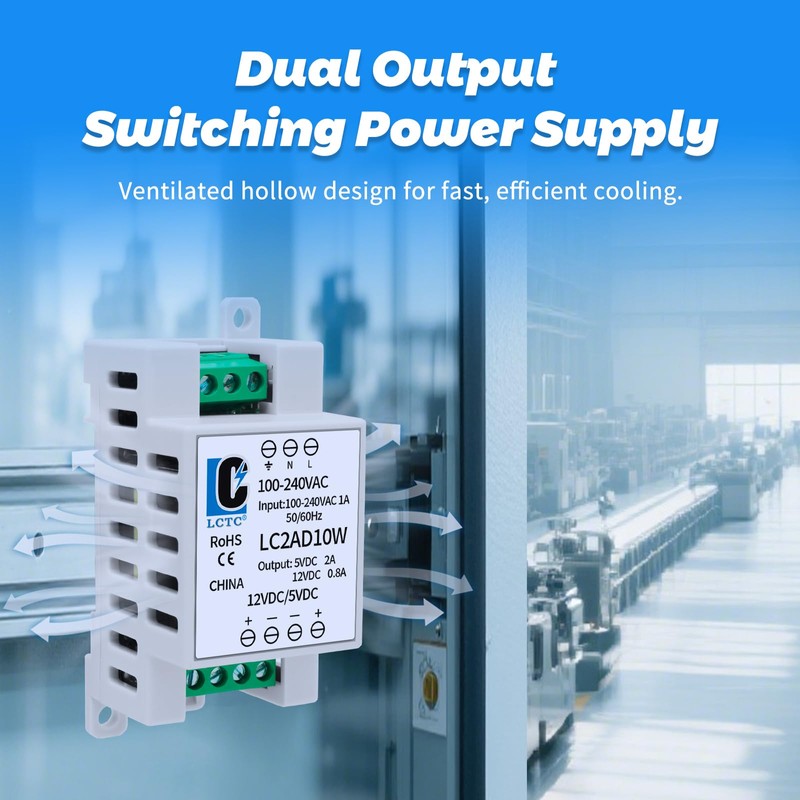 5V 12V Power Supply din Rail，2A 0.8A,Dual Output 10W,Input 100-240Vac,120VAC