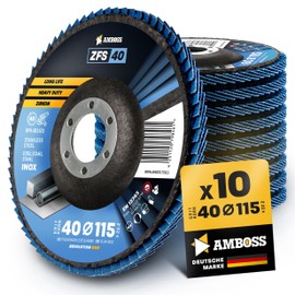 Amboss Werkzeuge ZFS Flap Disc Diameter 115 mm K40 for Steel/Stainless Steel Polishing Rust Grinding Fillet Seam Sanding Disc Blue Angle Grinder Professional Zircon Abrasive Mop Pack of 10