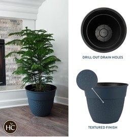 The HC Companies 16 Inch Brookhaven Decorative Round Planter - Lightweight Premium Resin Plant Pot with a Stonelike Texture for Indoor Outdoor Use, Slate Blue