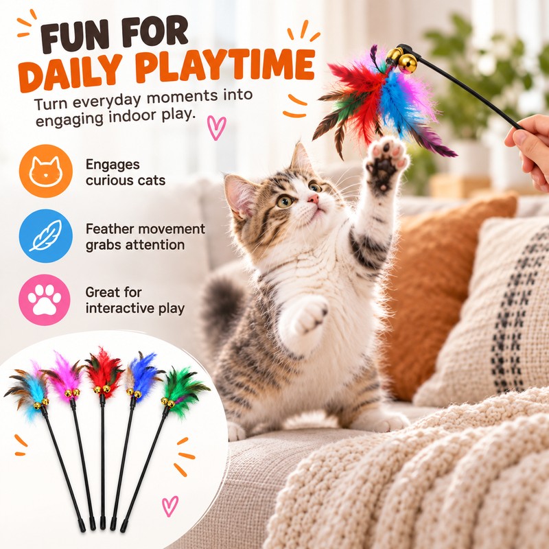 5-Piece Cat Feather Wand Toy Set for Interactive Play –
