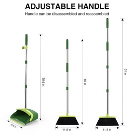 Broom and Dustpan Set, 52-in Long Adjustable Handle Broom Dustpan Combo with Dust pan Teeth to Automatically Clean Hair Suitable for Home Kitchen Office Hall Floor（Green）