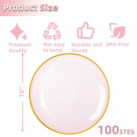 100PCS Transparent Pink Gold Plastic Plates, 10in Dinner Plate