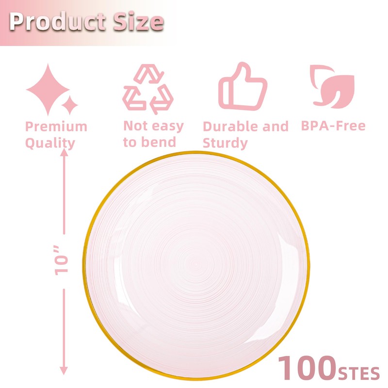 100PCS Transparent Pink Gold Plastic Plates, 10in Dinner Plate