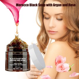 Pricyru Morocco Black Soap with Argan and Rose, 200g Black Soap Bar Exfoliating Soaps, Moroccos Body Scrub with Exfoliating Glove (1)