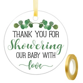 Thank You for Showering Our Baby with Love Tags, Baby Shower Favor Tags, Thank You Gift Tags Baby Shower, Thank You Tags with String, 2 Inches, 50 Count with Golden Ribbon