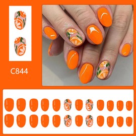 Spring Summer Orange Press on Nails Mirror Solid Color False Nails Medium Oval Fake Nails Reusable Acrylic Nails for Women Girls