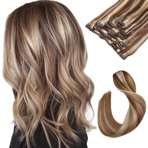 Clip in Hair Extensions Chestnut Brown with Blonde Highlights Straight Real Human Hair Clip in Extensions 7 Pieces 70 Gram Silky Straight Double Weft Remy Clip in/on Hair Extensions for Women Fine Hair Full Head 18 Inch