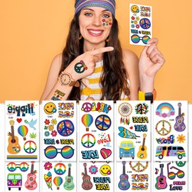 10 Sheets Hippie Tattoos Stickers for Boy Girls 70s Temporary Tattoos, 100PCS Hippie Tattoo Sticker Birthday Party Decorations Hand Tattoo for Kids Boy Girl Adult Pretty Birthday Party Gift