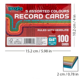 Booghe A6 Record Cards Assorted Colours - Ruled with Headline, 100 Cards -(Size 6x4) - Pack of 1
