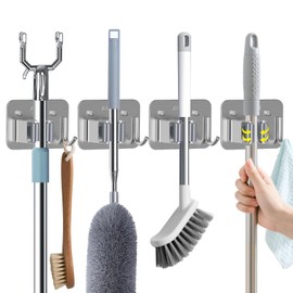 Aenfaiy Broom Holder Wall Mount with Screws (4 Pack) Broom and Mop Organizer Wall Hanging, Anti-Slip Mop Holder Broom Hanger with Hooks, Stainless Steel Tool Rack for Garden Garage Organization