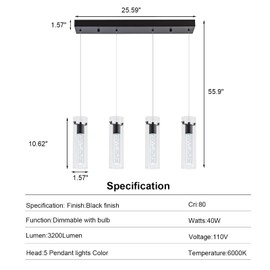 votag Pendant Light fixtures, Integrated 4-Light Pendant Lighting Black Finish, Dimmable Pendant Lights Kitchen Restaurant, Dining Room