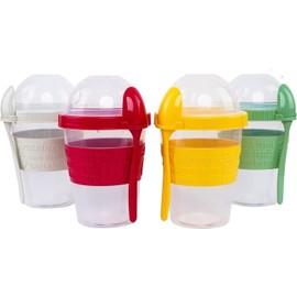 LEVKO Go Cereal Crunch Breakfast Yogurt Cups with Lids and Spoon Reusable Smoothie Oatmeal Container Snack Prep Bowl (SET OF 4 RED YELLOW GREEN WHITE)