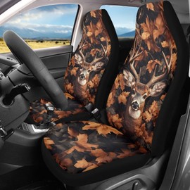 ZIATUBLES Forest Maple Leaf Elk Print Car Front Seat Covers 2 Pcs Automotive Seat Protector Breathable Washable Auto Interior Decor Universal Fit Vehicles Sedan SUVs