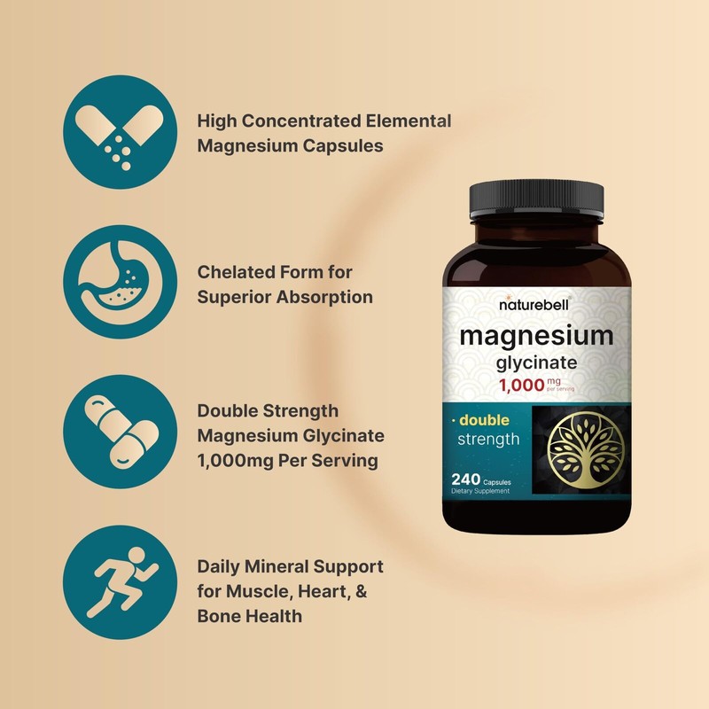 NatureBell Magnesium Glycinate 1,000mg, Double Strength 500mg Capsules, 4 Month