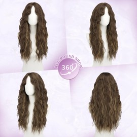 Brown Wigs with Curtain Bangs - 26 Inch Long Wavy Curly Middle Part Soft Natural Looking Synthetic Hair Wig for Women Daily Party Cosplay Costume Use, Brown Mixed Blonde