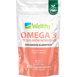 Wellthy Omega 3 Salmón Noruego 100 Cápsulas. Certificado y Garantizado, Con EPA y DHA, Cápsulas Blandas, Bottle Free.