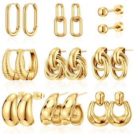 Nosiny 9 Pairs Gold Chunky Hoop Earrings Set for Women Gold Plated Thick Open Twisted Huggie Hoop Earring Jewelry for Gifts(Gold)