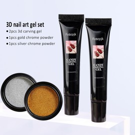 Fcozpjk 3D Sculpting Gel for Nail Art, 2PCS 10g Clear 3D Gel Liner Polish Carving Modeling Gels for Nail Design, 5D Embossed Candy Gels with Gold Silver Chrome Powder Kit