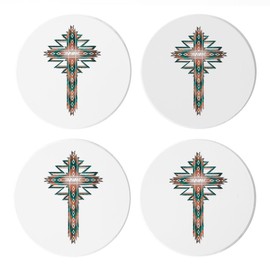 Grace & Truth Decorative Round Coaster for Drinks 4 Inch Absorbent Ceramic with Non-Scratch Cork Backing Southwestern Cross Set of 4