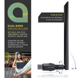 CSL - WLAN Adapter 1200MBit/s - 2,4Ghz + 5Ghz - Dual Band - 5 dBi externe Antenne - Mini WiFi Stick 1200 MBit/s - Wireless LAN - USB 3.2 Gen.1 Netzwerk Dongle - Für PC Desktop Laptop - auch Windows 11