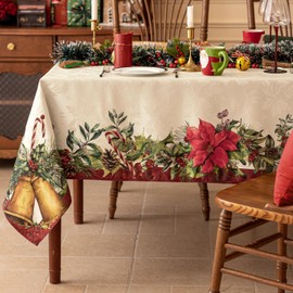 Softalker Christmas Rectangle Jacquard Tablecloth with Red Flower Bell, Polyester Poinsettia Vintage Floral Printed Table Cloth for Xmas Party Decoration/Holiday (60x144 Inch)