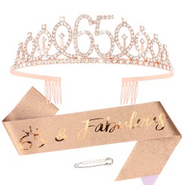 65th Birthday Sash and Crown for Women Rose Gold 65th Birthday Tiara and Sash Set Gifts for Her 65 & Fabulous Sash Birthday Decorations Happy Birthday Crown and Sash Accessories Birthday Gift