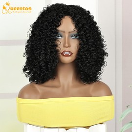 QUEENTAS Curly Wigs for Women - Natural Black Synthetic African Full Kinky Curly Afro Hair Wig(12Inch）