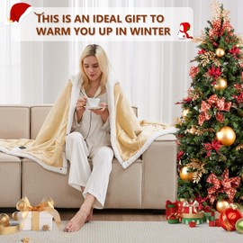 JKMAX Heated Electric Blanket Shawl - Wearable Heating Blanket Heated Throw Blanket - Heated Hoodie Poncho Wearable Sherpa Wrap with 10-Level Heating Auto-Off for Adults (40''x70'', Beige)