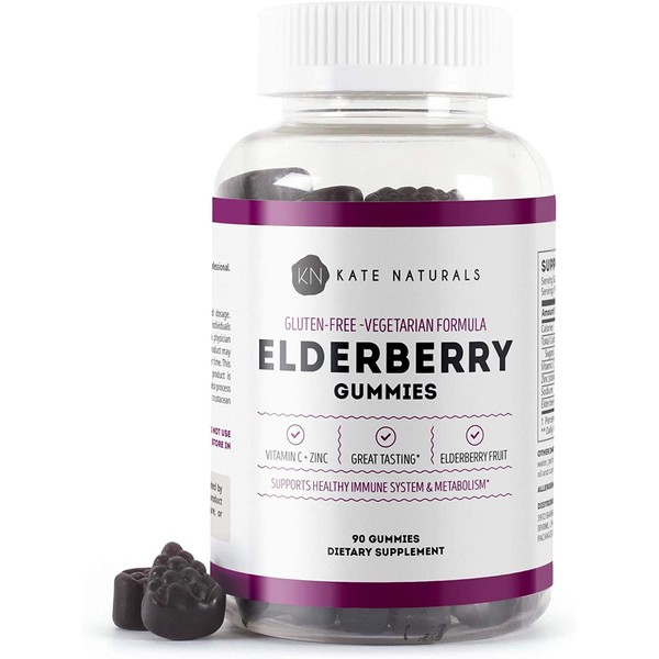 Kate Naturals Elderberry Gummies with Zinc and Vitamin C for Adults & Kids (90 Gummies, 45 Days Supply) Tasty Immune Support Gummies with Immunity Vitamins