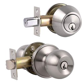 Probrico Keyed Alike Entry Door Knob and Deadbolt Combination Set, Roun Knob with Double Cylinder Deadbolts Combo Pack, Exterior and Interior Hardware in Satin Nickel Finish