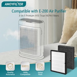 AMOYFILTER E-200 True HEPA Replacement Filter with E 200 Air Puri-fier Filter Replacement, H13 Ture HEPA for Home, Honeycomb Activated Carbon for Smoke, Odors, 4x HEPA Filter and 12x Aroma Pads