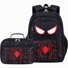 AUIVTY Kids Backpack Boys Spider Backpack with Lunch Box Kindergarten Elementary Middle School Travel Sport Toddler Bookbag for Boys Ages 4-14, Lightning Red Spider