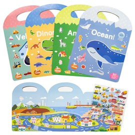 Reusable Sticker Books for Toddlers 4Pack Toddler Sticker Book with 3D Puffy Stickers Animals Ocean, Transportation, Dinosaurs Theme for 2 Year Olds Travel Toys for Toddlers on Plane