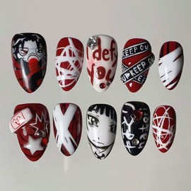30Pcs Y2K Anime Press on Nails, Medium Almond Fake Nails, Red Black Base Cartoon Face Graffiti Letter Cross Star Rhinestone Design, Trendy Street Goth Punk Handmade False Nail Decor for Women