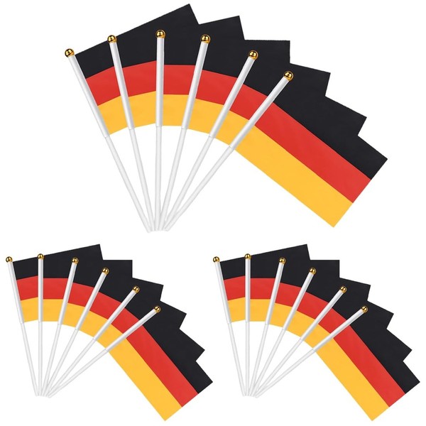 ZKGYUS Pack of 15 Small Germany Flag, German Mini Hand-Held Flags with 30 cm White Pole for European Championship Home Garden Party Bar Decoration