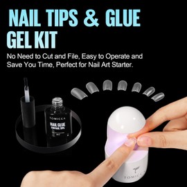 TOMICCA Short Square Nail Tips with Nail Glue Set, Nail Tips for Gel Nails, Full Coverage, Soft & 8 ml Nail Glue Gel Set, Artificial Nail Tips for Nail Studio, Salon, DIY, 150 Pieces, 15 Sizes