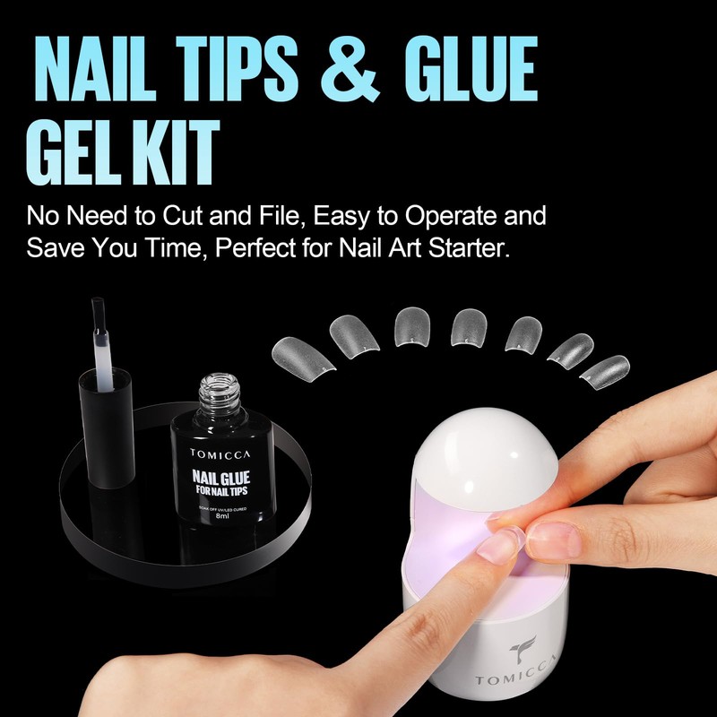 TOMICCA Short Square Nail Tips with Nail Glue Set, Nail