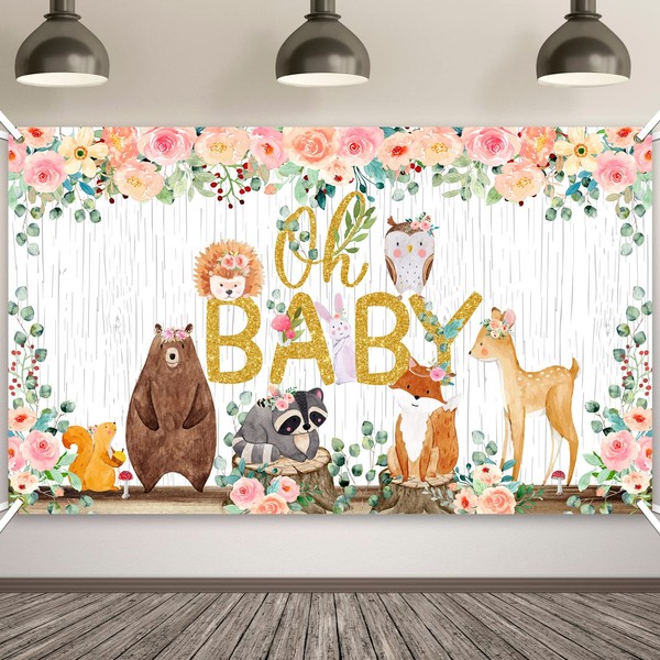 Woodland Baby Shower Backdrop Banner, Jungle Animal Birthday Party Decorations Woodland Birthday Decorations Woodland Creature Background for Boy Girl Kids, 6 x 3.6 ft (Girl Style)