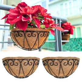 LaLaGreen Outdoor Wall Planters (2 Pack, 12 Inch) Black Metal Wall Mounted Hanging Basket with Coco Liner, Flower Pot Plant Holder Semi-Circle Planter for Fence Railing Deck Porch Balcony Garden Decor