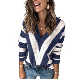 Ancapelion Women’s Colour Block Blue Striped Jumper Long Sleeve Chunky Sweater V Neck Hollow Out Knit Pullover Tops Knitwear for Ladies