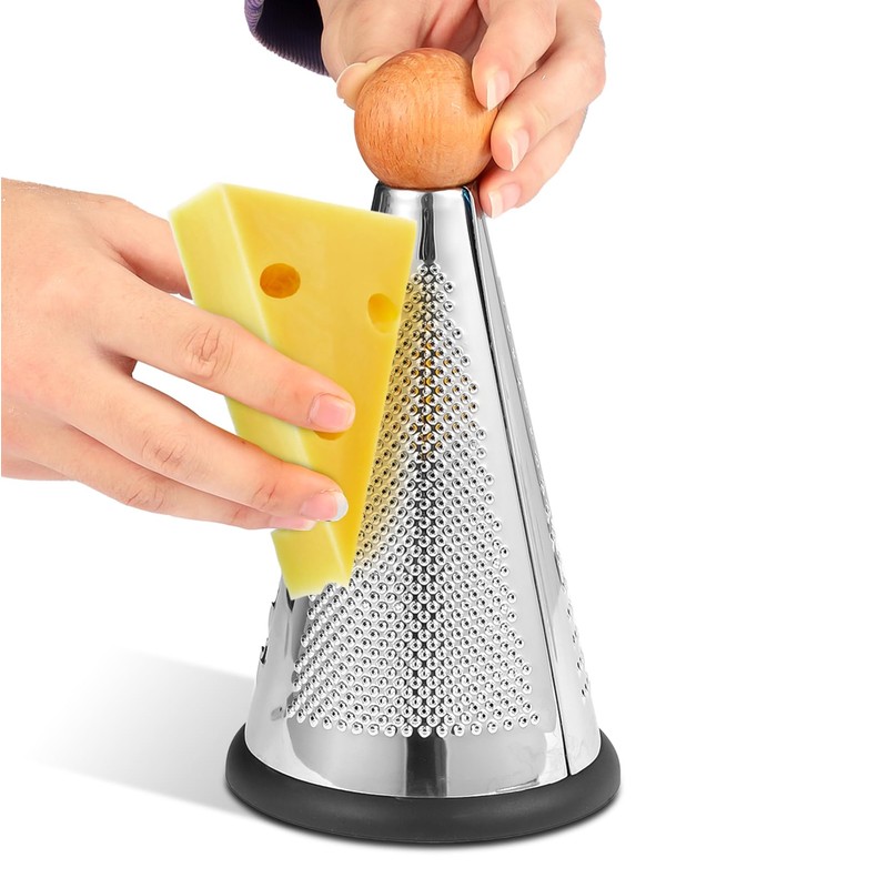 Cone Parmesan Cheese Grater - Stainless Steel Triple Function Wood